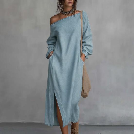 Women's One Shoulder Long Sleeve Maxi Dress, Casual Cotton Linen Long Tunic Dress, Side Slit Summer Loose Dress with Pockets
