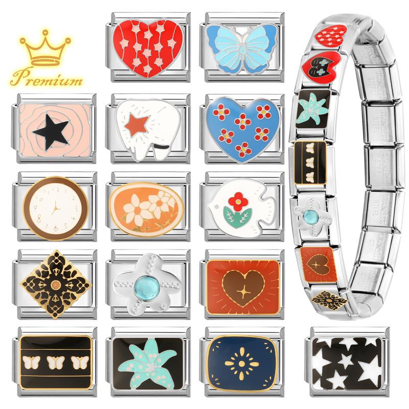 Fashion Clock Fish Flower Butterfly Heart Teeth Star High Quality Charm Links Fit 9MM Stainless Steel Bracelet DIY Making Gifts