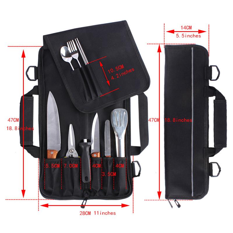 Portable Black Chef Knife Roll Bag with Adjustable Straps Kitchen Cooking Chef Knife Carrying Storage Pockets for Cooking Tools