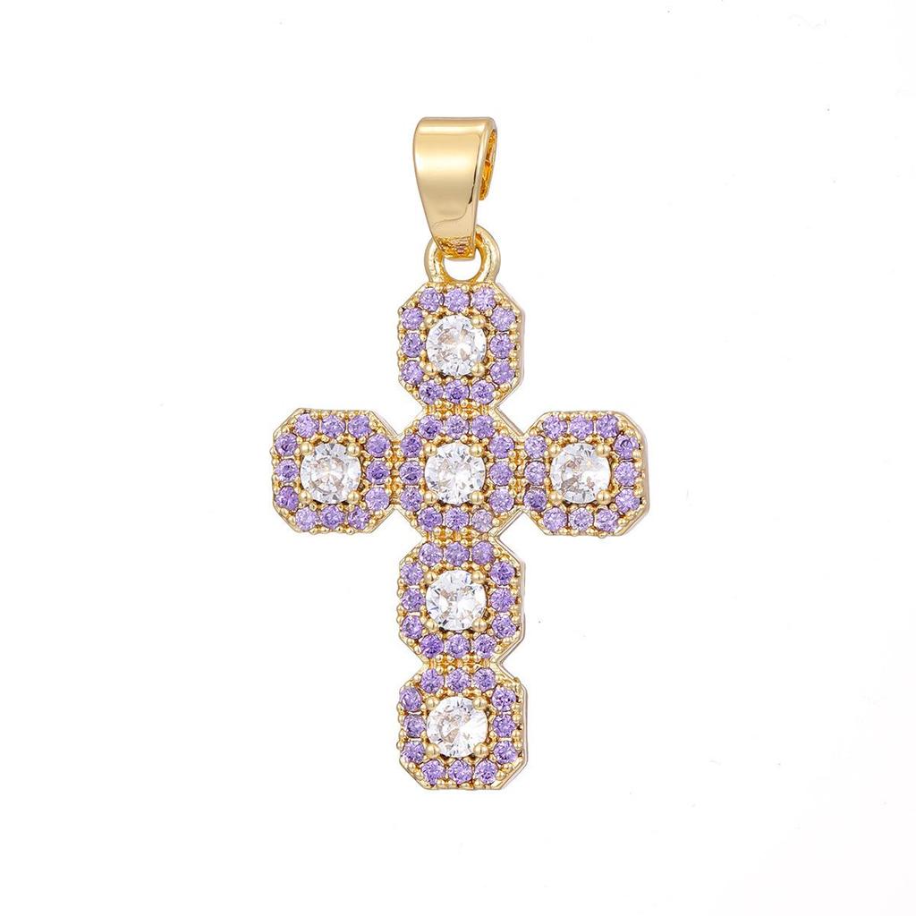 Gold-Plated Multi-Color Zirconia Cross Necklace with Full Diamond Design