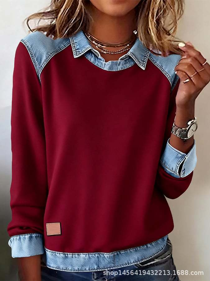 Abbigliamento donna europeo e americano ins colletto in denim maniche lunghe, maglione top a pullover con splicing in maglia