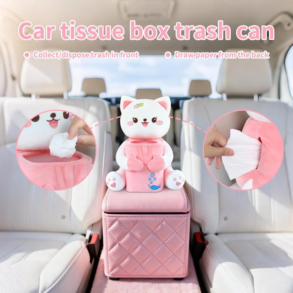 Car Tissue Box 2 In 1 Cute Vehicle Accessories Armrest Cat Napkin Holder Car Trash Bin For Center Console Truck SUV RV Sedan