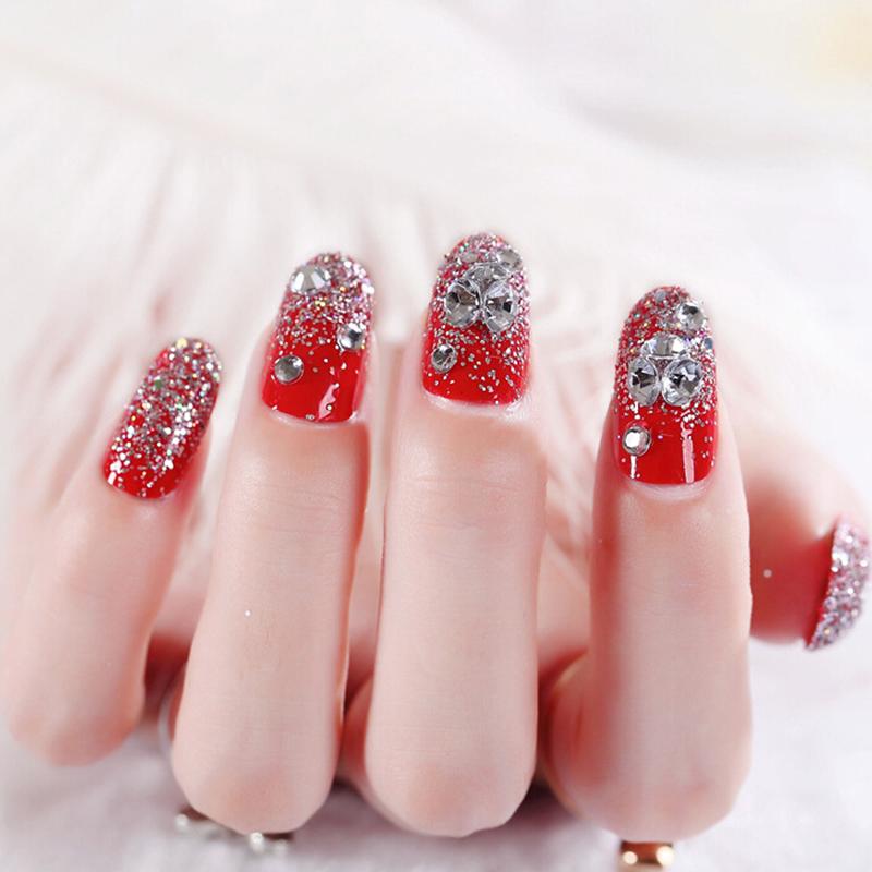 24Pcs Red Round False Nails Acrylic Uv Gel Full French Fake Nails Art Tips Tools