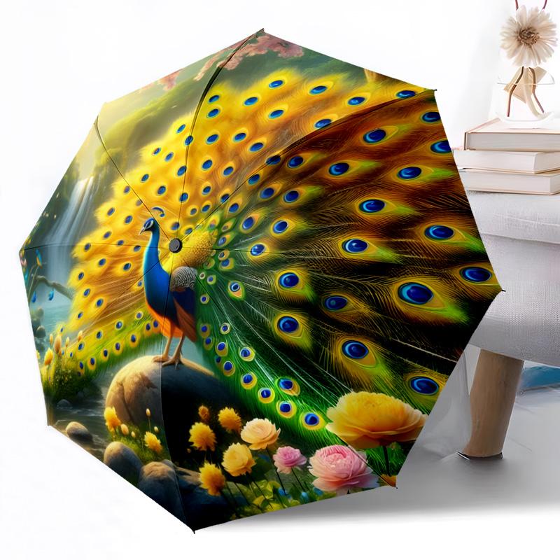 Peacock Elegance In Bloom Compact Travel Automatic Umbrella Folding Umbrella with 8 Ribs Lightweight for Women/Men Compact Folding Umbrella
