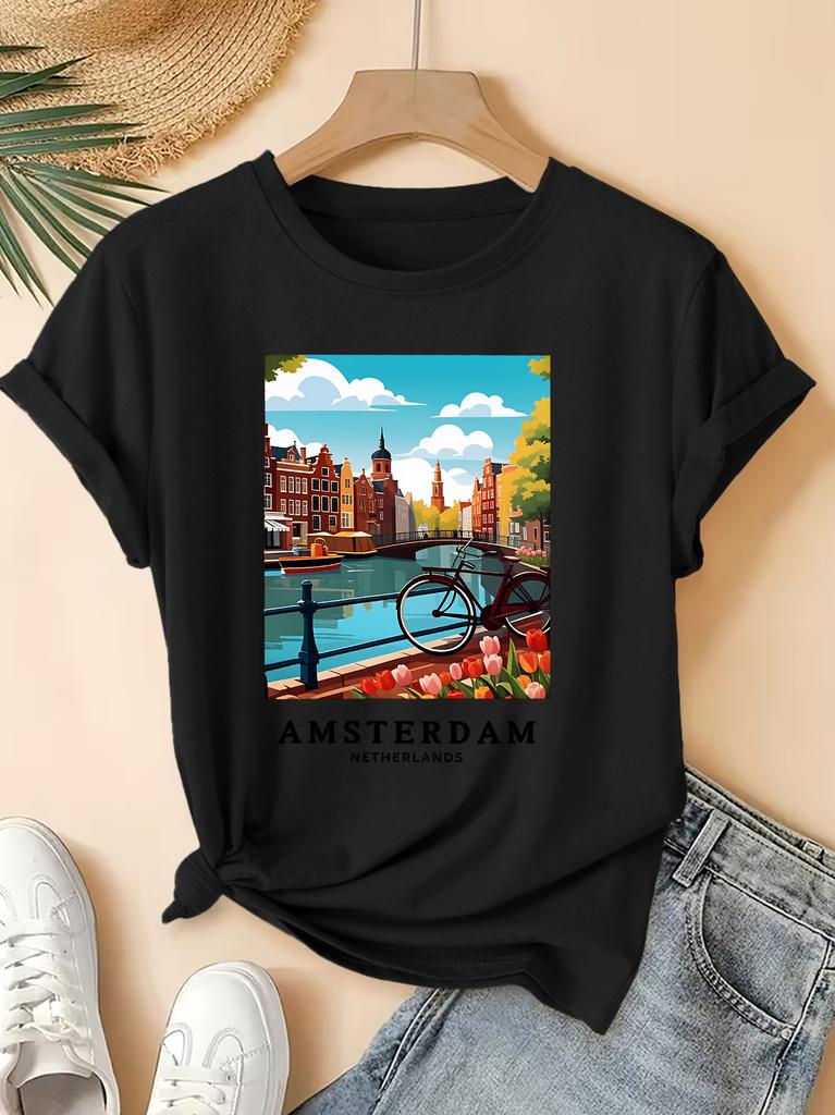 Amsterdam Landscape Printed Pattern Round Neck Tshirt Fresh Top Summer Elegant Party Fashion Versatile Commuter Womens Wear