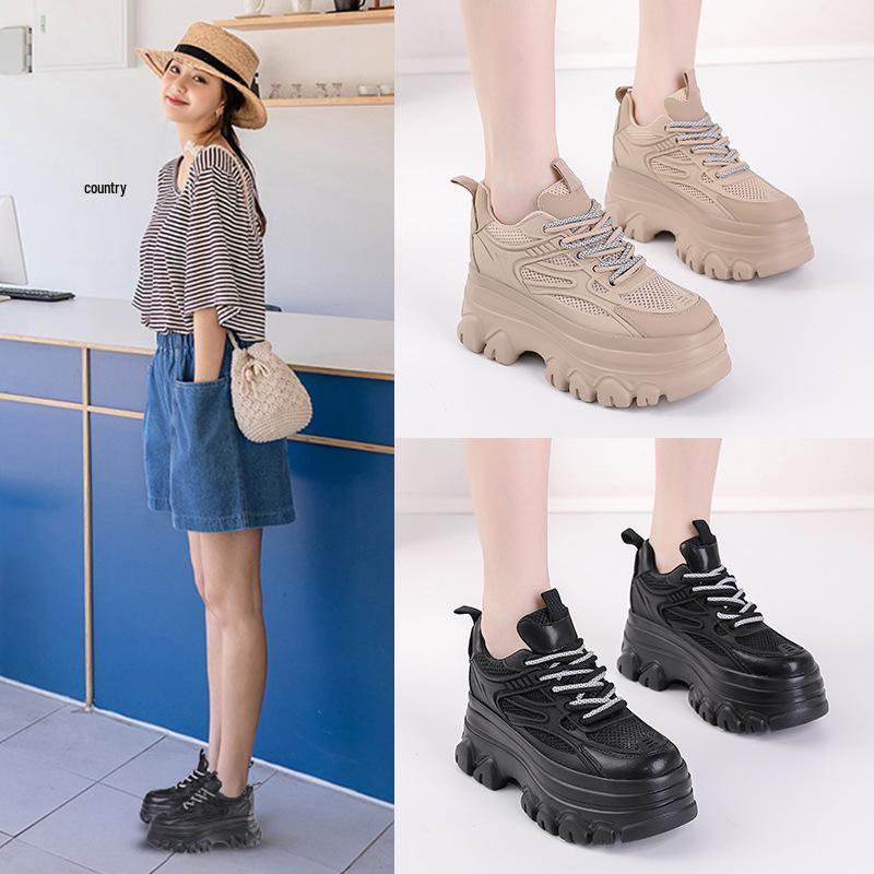 Women's Genuine Leather Height-Increasing Platform Dad Shoes - Breathable, Mesh, Hidden Heel for Autumn & Winter