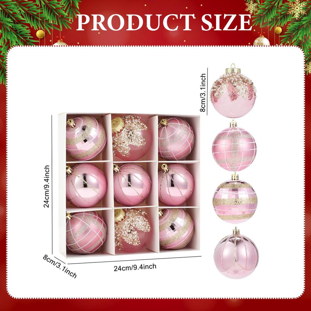 9Pcs Glitter Christmas Ball Ornaments Shatterproof 8cm Xmas Tree Hanging Decorations for Bar Pub Wedding Thanksgiving Garden