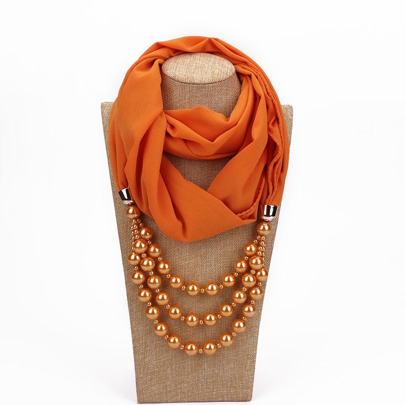 Elegant Chiffon Scarf Necklace with Double Layer Pearl Beads – Classic Women’s Fashion Accessory for Everyday & Formal Wear