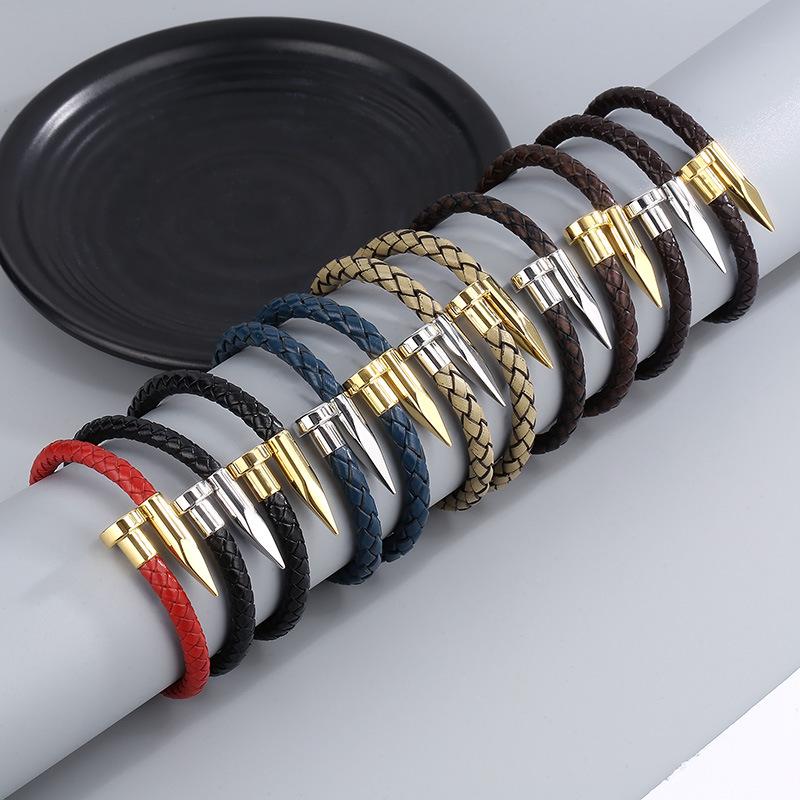 Men's Leather Magnetic Clasp Bracelet with Stainless Steel Nails