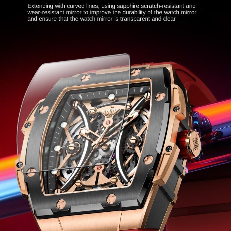 OUPINKE Zegarek Hollow Barrel Mechaniczny zegarek Moda Silikon Wodoodporny Męski zegarek Męski zegarek