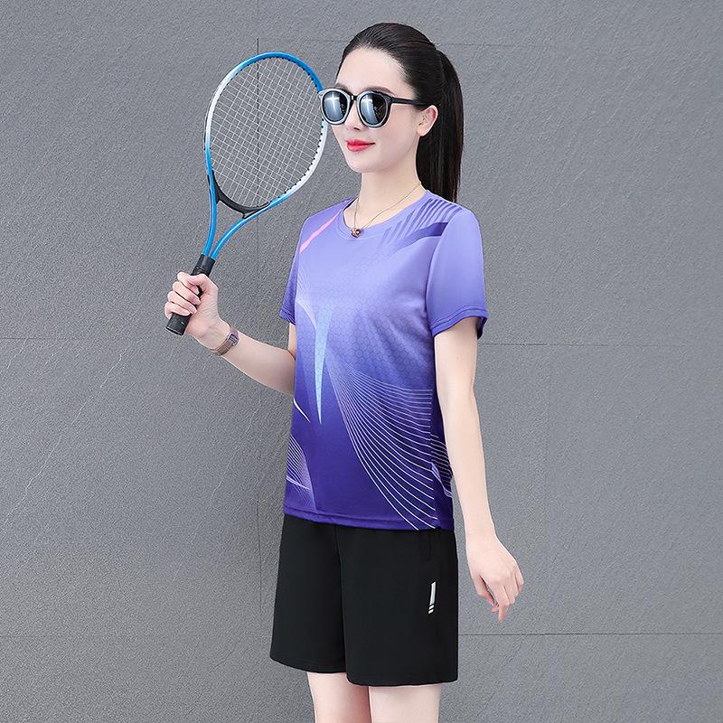 Traje Deportivo de Seda de Hielo de Secado Rápido para Mujer para Verano - Top de Manga Corta y Pantalones Cortos para Tenis de Mesa, Running, Entrenamiento de Bádminton y Fitness.