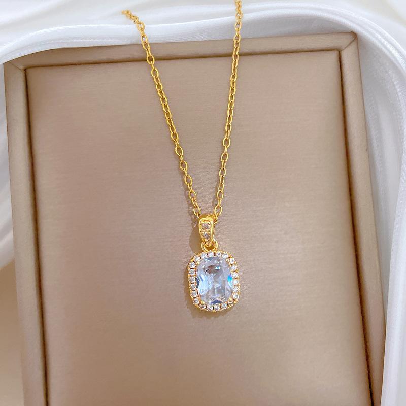 Luxury Bling Geometric Zircon Crystal Pendant Necklace for Women Stainless Steel Chain Fashion Jewelry Party Wedding Accessories