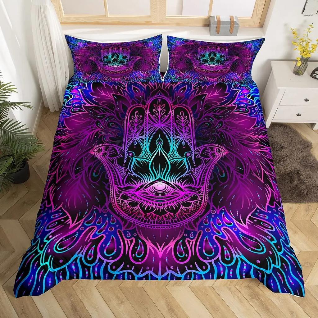 Hamsa Hand Bedding Sets Boho Hamsa Eyes Comforter Cover Exotic Bohemian Duvet Cover Set for Kids Boys Girls Trippy Art Bedspread