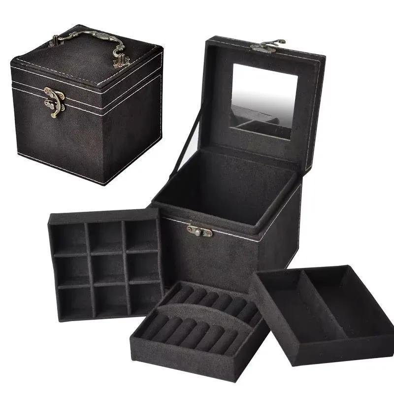1 Pcs Multi-functional Three-layer Leather Drawer-style Jewelry Box Earrings Lock Jewelry Box Necklace Ring Storage Box