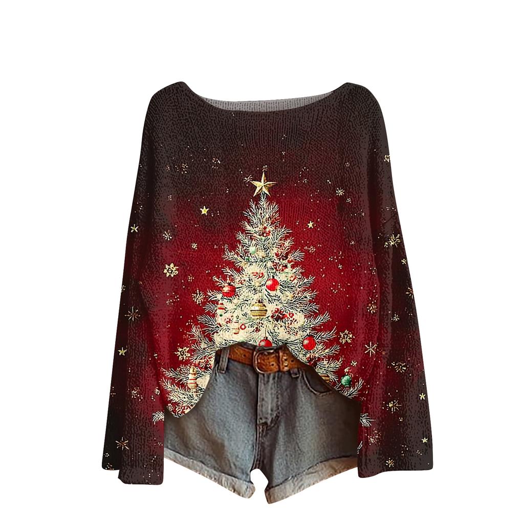 Ladies' Fashionable Casual Long Sleeved Christmas Printed Round Neck Knitted Yarn