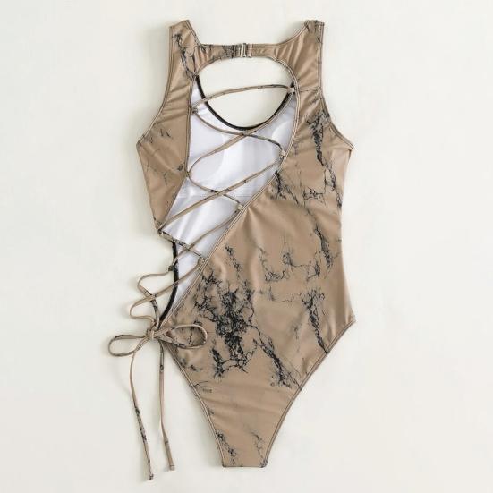 Women Monokini Floral Print Solid Color Multi Straps Hollow Out Lace Up Swimming Adjustable