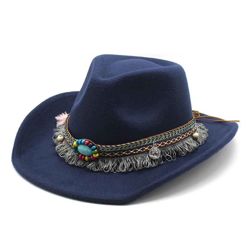 Ethnic Style Tassel, British Style Felt Hat, Retro Top Hat, Woolen Men'S And Women'S Western Cowboy Hat