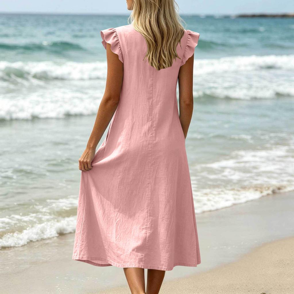 Women V Neck Dress Casual Midi Dress with Flutter Sleeves and Front Button Detail Pocket Dress Summer Loose Fit Dress