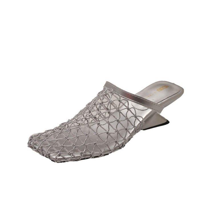 Summer new favorite! Niche design fishing net half slippers woven mesh hollow special-shaped and high-heeled outer slippers women