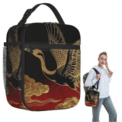 Elegant Chinese Crane And Red Golden Maroon Insulated Lunch Bag for Women Children Portable Food Boxes Thermal Lunch Box Tote