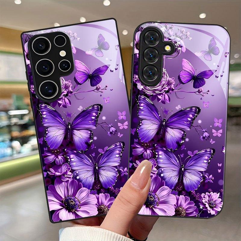 Purple Butterfly Flower Pattern Glass Phone Case Suitable for Samsung Galaxy S26 S25 S24 S22 S21 S20 FE/Ultra/Plus Hard Case