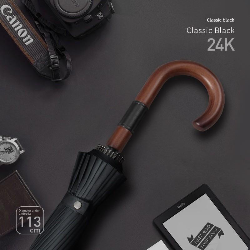 Wooden Long Handle Umbrella Curved Handle Oversized Reinforcement Thickened Strong Wind-Resistant Storm Special Men Double Home High-End