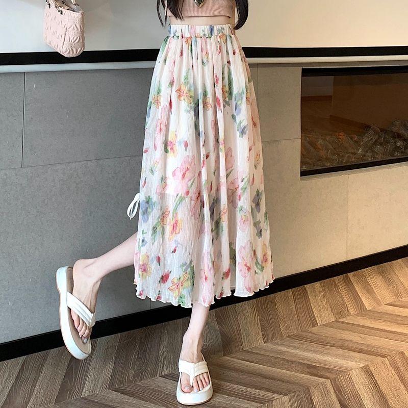 Floral Print Midi Skirt Women's Summer Elegant Stylish Split Hem Slimming High Waist A-Line Skirt
