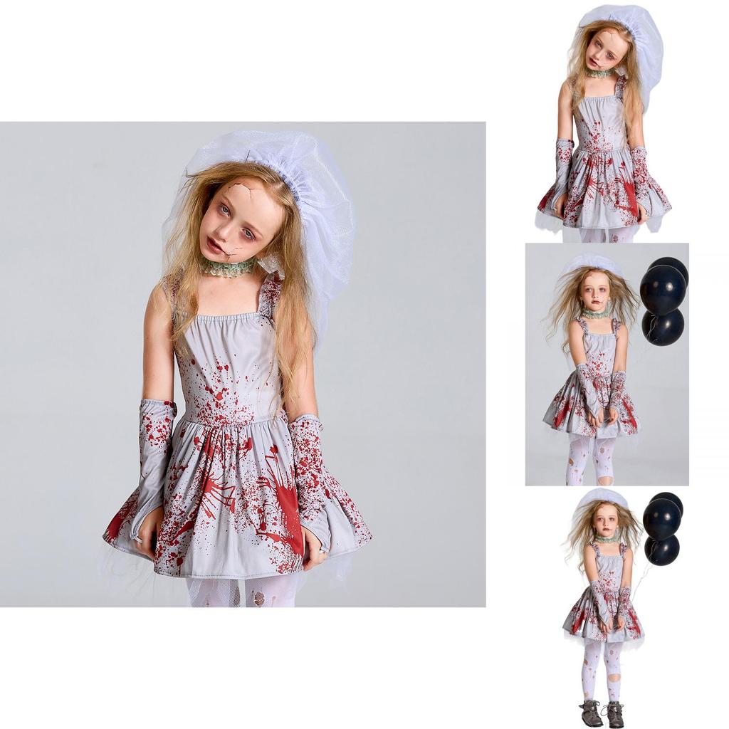 Costume Sposa Fantasma Macchiato di Sangue Grigio per Halloween Abito Stile Principessa con Pizzo e Tessuto Trasparente