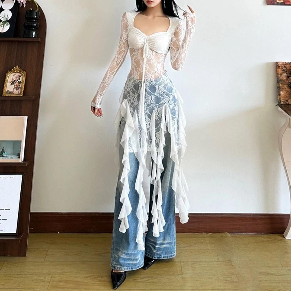 Ruffled Edge Pleated Lace Dress Tassel Transparent Dress Women Elegant Lace Flower Dress  For Girls