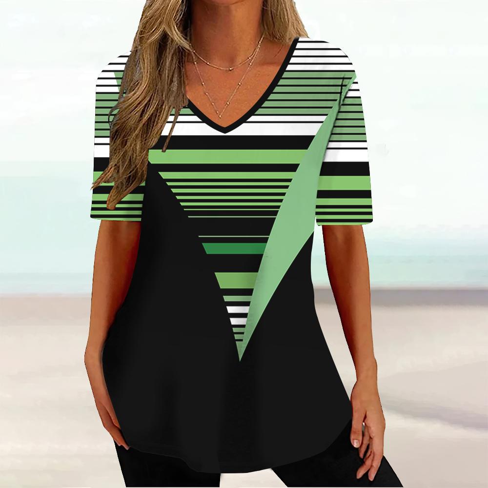Fashionable Comfortable Breathable T-shirt Summer Colorful Retro Geometric 3D Pattern Women's V-neck Short Sleeved T-shirt