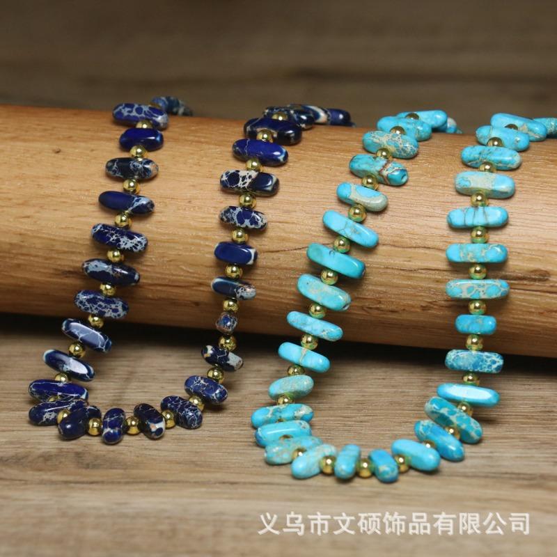 Turquoise Barrel Bead Necklace – Gold Accent Boho Jewelry, Protection Calm Gift for Women