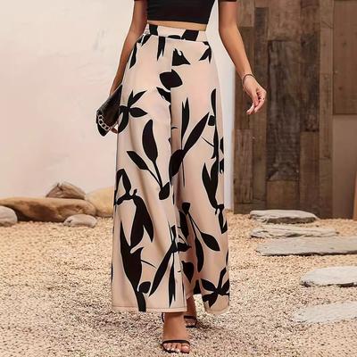 Calças Casuais Femininas de Primavera Verão com Estampa de Folhas Novas, Cintura Alta, Caimento Fluido, Pernas Largas, Design Reto e Solto de Pernas Largas
