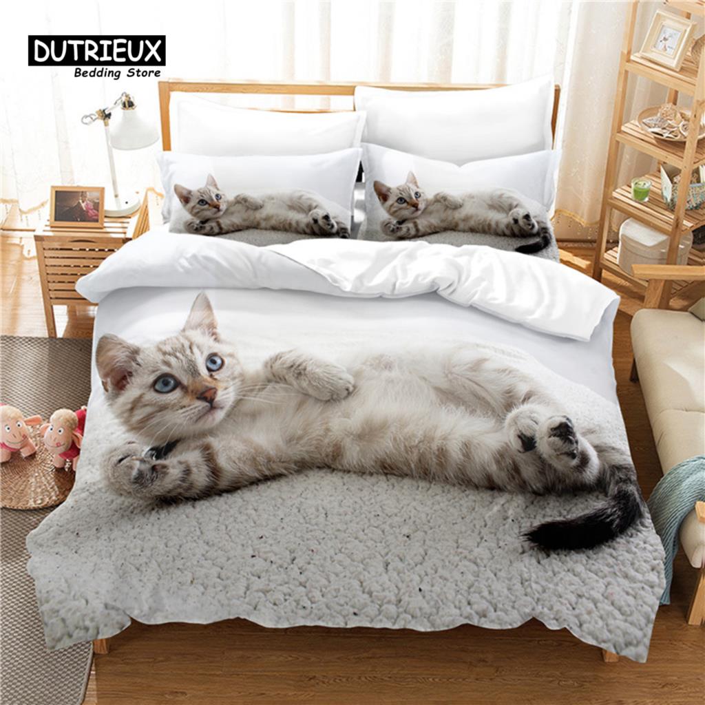 Funny Cat Duvet Cover Microfiber Pet Bedding Set Full King For Kids Child Cat Lovers Decor Cute Animal Quilt Cover Pillowcases