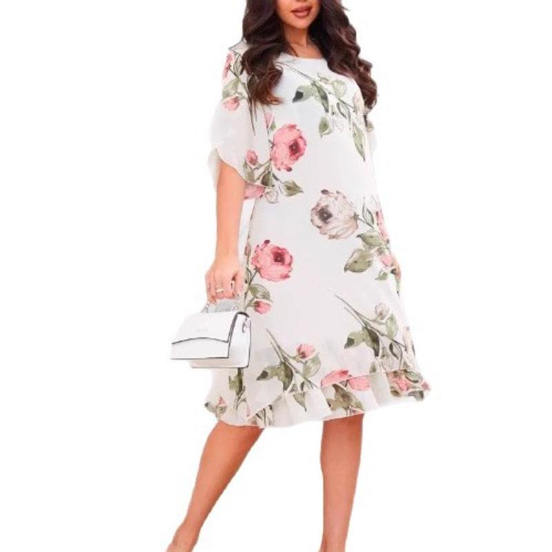 Women Loose Round Neck Fashion Pearl Chiffon Print Dress Lightweight Breathable Elegant Versatile
