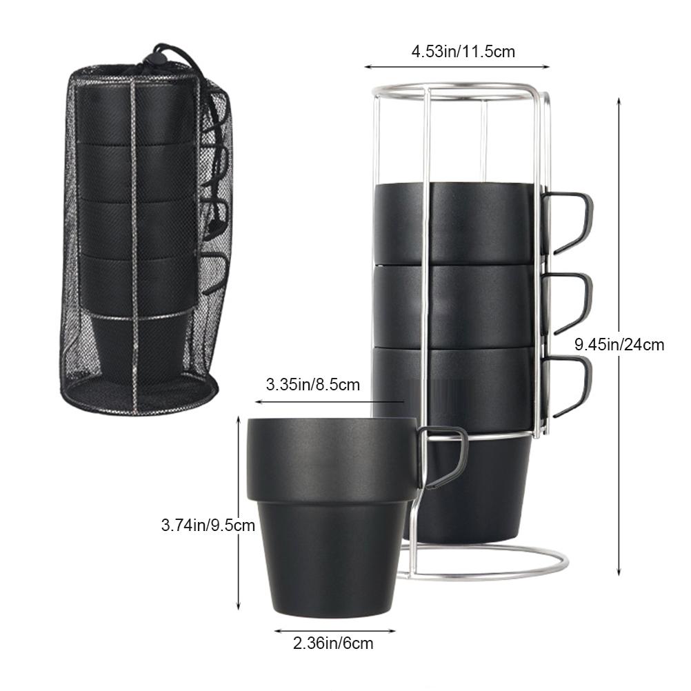 Sada 4 stohovatelných hrnků na kávu se stojanem Stohování 304 Nerezová ocel Dvojitě izolované hrnky pro