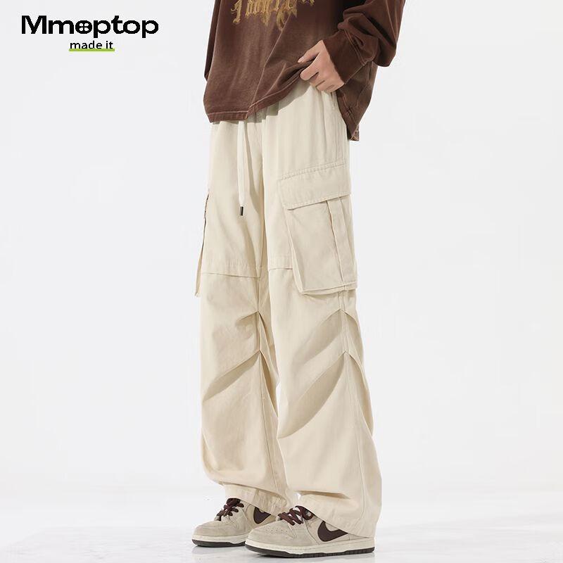 MMOPTOP Cotton Casual Pants for Men, Spring And Summer American Retro High Street Paratrooper Cargo Pants 8381 Off-White L