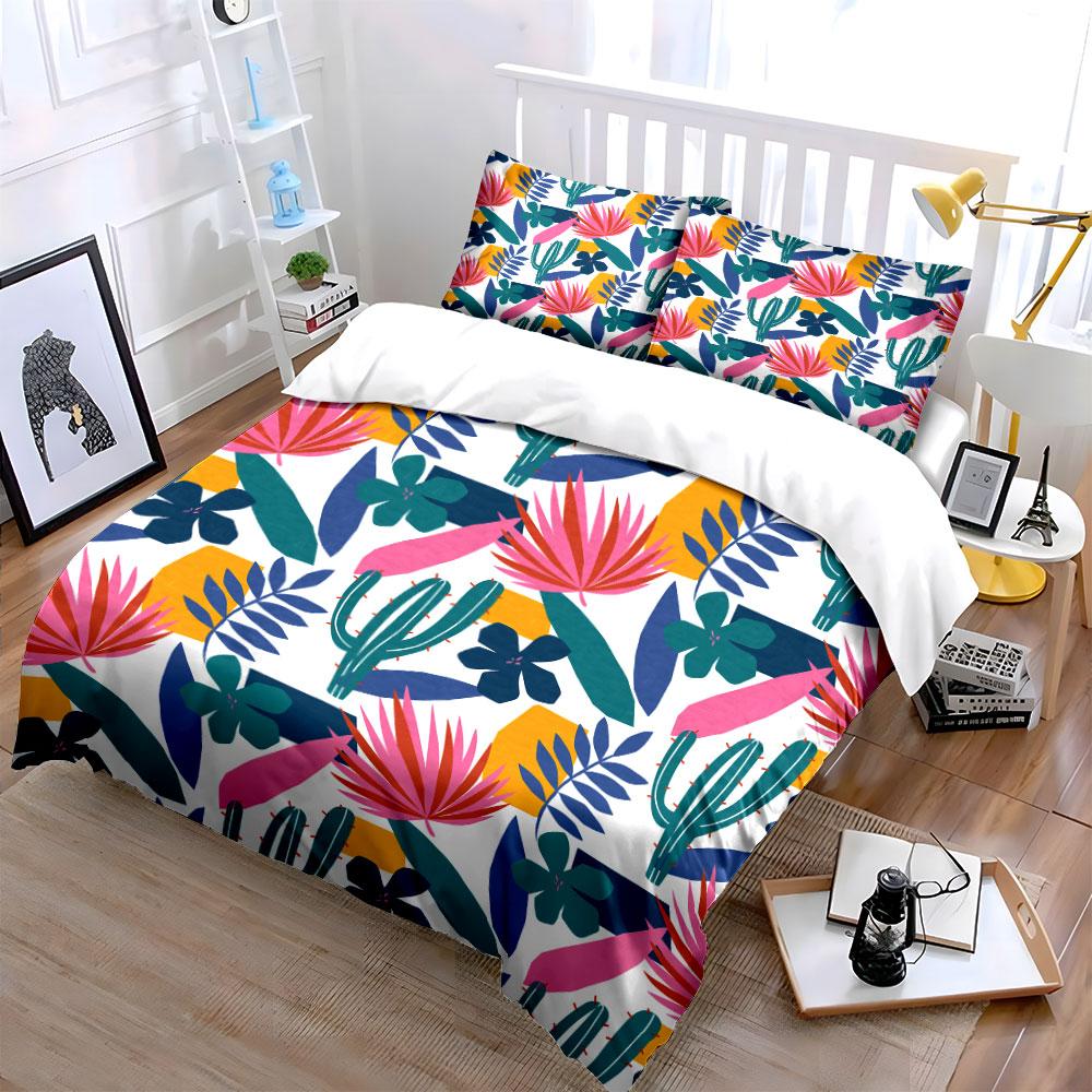 Tropical Floral and Cactus Print Bedding Duvet Cover Set Duvet Cover Pillowcases (1 * Duvet Cover 2 * Pillowcases, Without Duvet Insert)