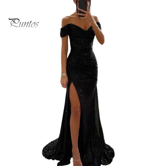 Třpytivé plisované šaty Elegantní výstřih do V Odhalená ramena Maxi Krátký rukáv Detail pasu Dlouhé Úzké Večerní párty Maturitní Ples Štíhlé Sexy Rozparek Jednobarevné Odhalená ramena