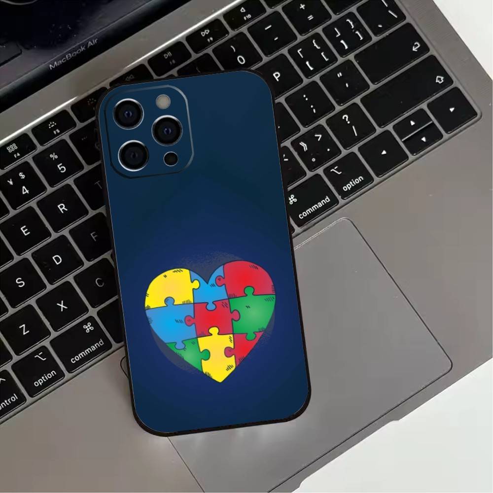 Puzzle Art Support Autism Phone Case For iPhone 17,16,15,14,13,12,11 Plus,Pro Max,XS,Soft Silicone Black Cover
