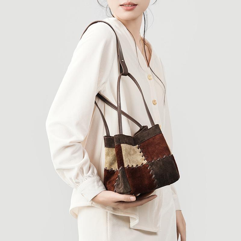 Stylish and exquisite small bag, genuine leather vegetable basket, bucket bag, new color matching matte cowhide retro shoulder handbag