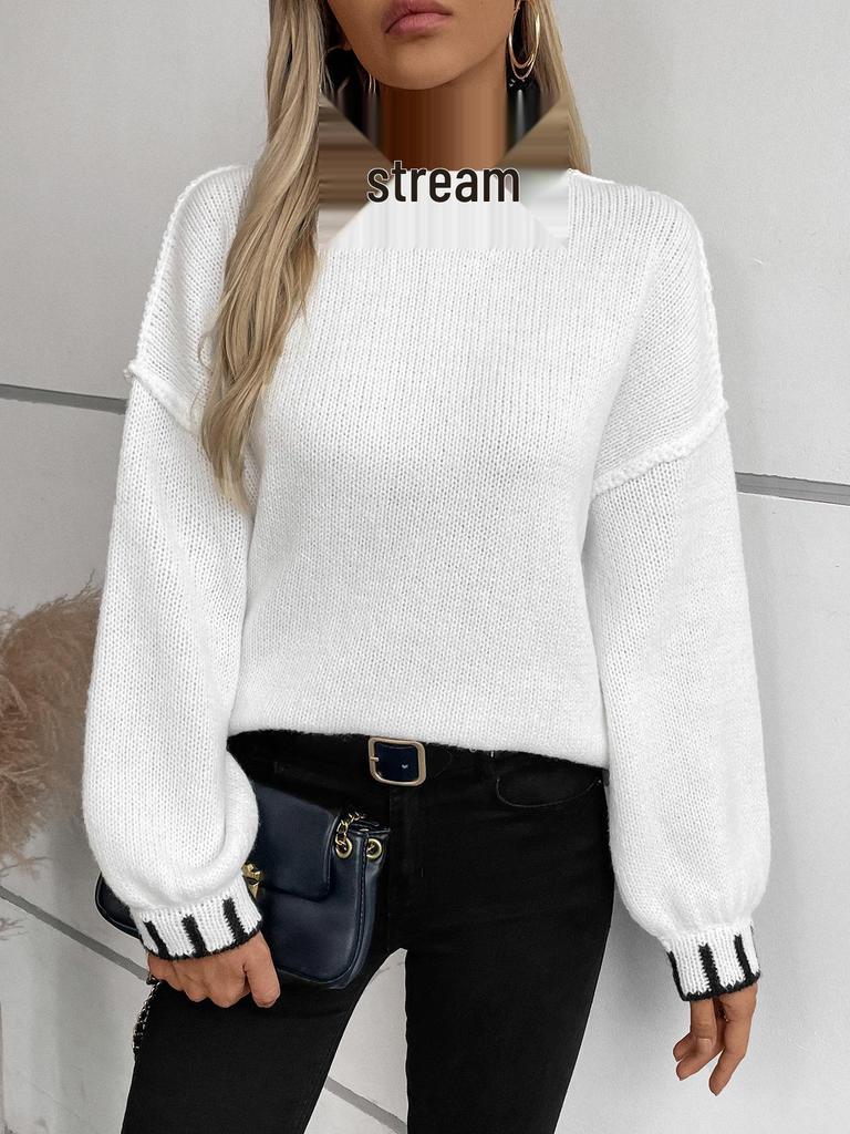 Cozy Striped High-Neck Pullover Sweater for Women - Loose Fit, Plus Size, Perfect for Autumn & Winter