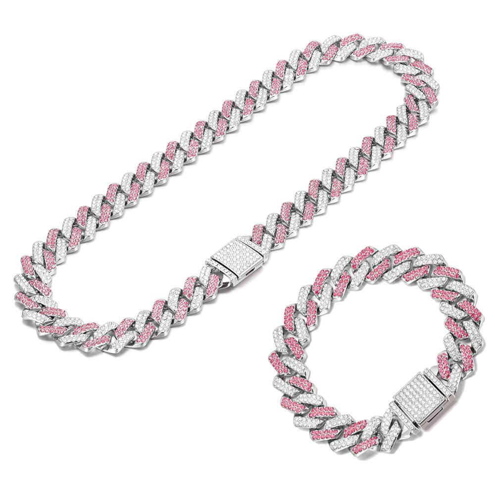 Necklace+Bracelet Cuban Link Chain Hip Hop Men Necklace 14mm Iced Out Paris Chain 2 Row Rhinestone Paved Miami Rhombus Cuban