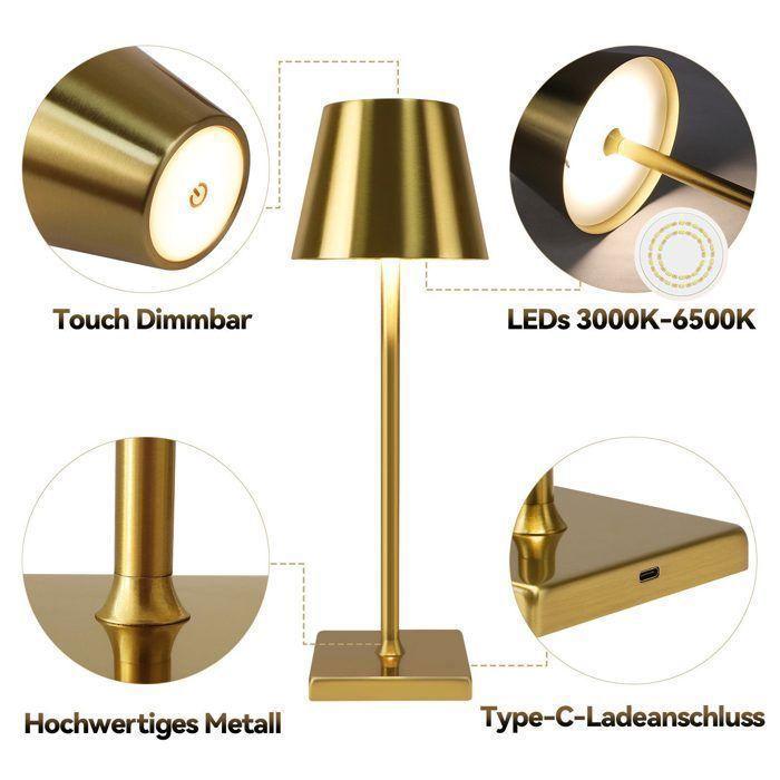 Nettlife Lampe de Table LED Rechargeable, Or, 3 Températures de Lumière, USB-C, pour Salon, Chambre, Bureau, Bar, Terrasse