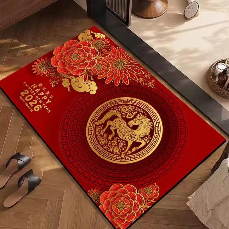 

2026 Year of the Horse Red Crystal Velvet Floor Mat - Wear and Stain Resistant for Bathroom, Kitchen, or Entrance Hallway. 40x60cm
