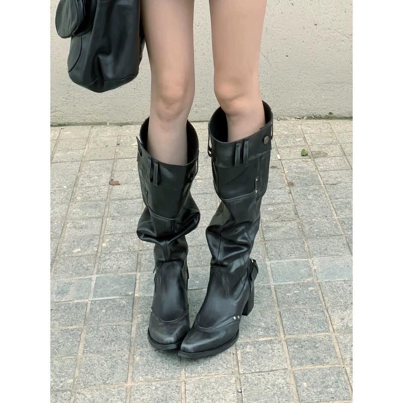 Vintage Knight Boots Spice Girls But Knee Boots Big Boots Women Pointed Thick Heel Skinny Pile Boots Women