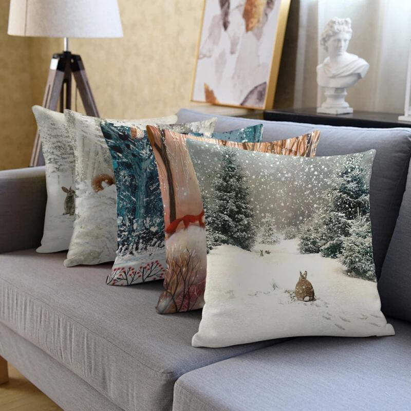 Home Decoration In The Snow Forest Elk Christmas Print Pillowcase Bedroom Living Room Sofa Decoration Pillowcase Cushion Cover