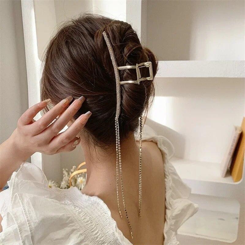 Geometric Crystal Rhinestones Long Tassel Hair Claw for Women Metal Large Hair Clip Women's Fashion Hairpins Hair Accessories