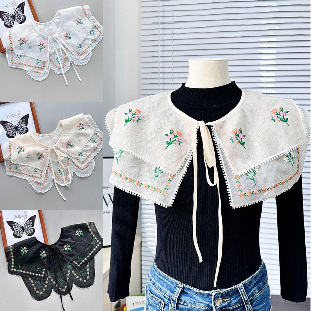 Wave Edge False Collar Embroidered Collar Lace Up Neckline Detachable Fake Collar DIY Floral Embroidery Doll Lapel Shawl