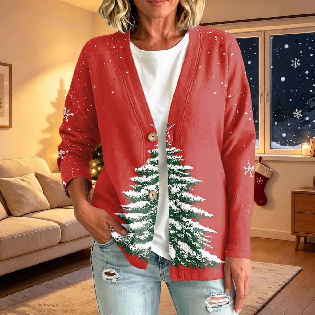 Women's Casual Christmas Print Button Jacket, Outerwear for Holiday Parties and Daily Wear