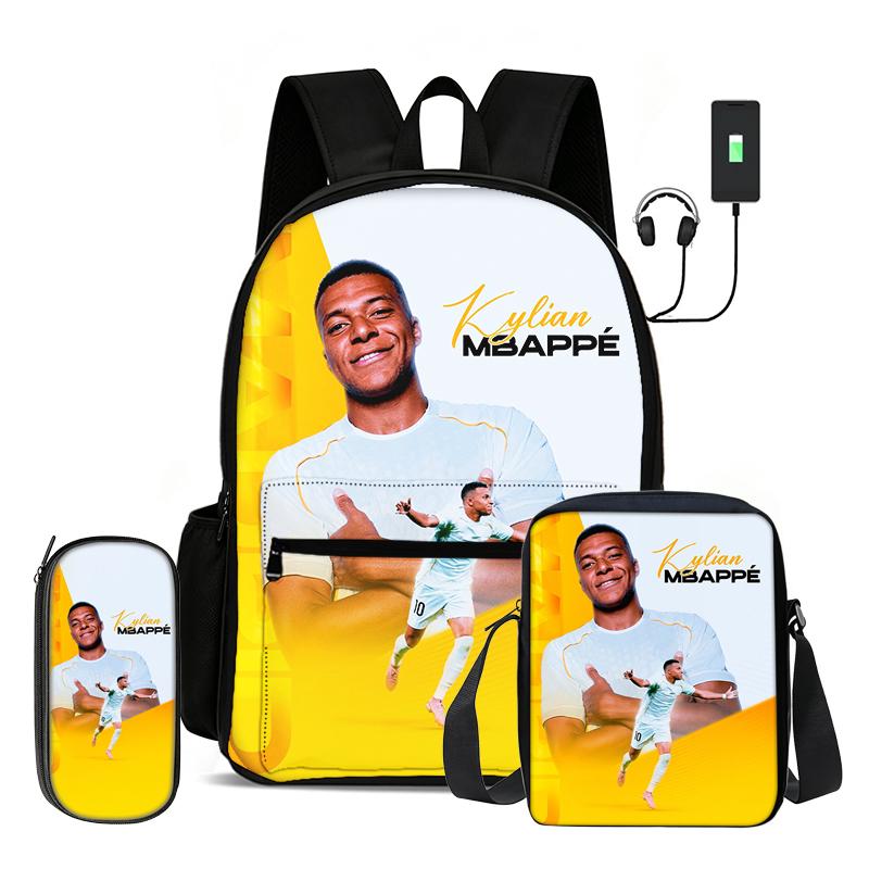 Leer, Reizen Voetbal Sport Rugzak M-Mbappe 3 Delige Set Kinderrugzak Schoudertas, Etui, Voetbalster Rugzak